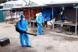 Cán bộ Trung tâm y tế phun tiêu độc, khử trùng. (Ảnh: TTXVN)