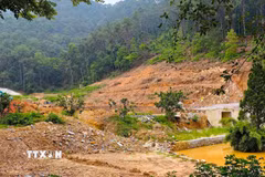 Toàn cảnh khu vực sạt trượt nằm tiếp giáp hồ điều hòa và Khu di tích quốc gia đặc biệt Đền Sóc. (Ảnh: Quốc Luỹ/TTXVN)