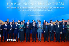 Thủ tướng Lê Minh Hưng với các đại biểu dự Phiên toàn thể Hội nghị Ngoại giao lần thứ 33. (Ảnh: Dương Giang/TTXVN)