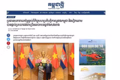 Nhật báo Kampuchea Thmey Daily đăng tải bài viết về cuộc hội đàm giữa Chủ tịch Quốc hội Trần Thanh Mẫn và Chủ tịch Quốc hội Campuchia Khuon Sudary. (Ảnh: TTXVN phát)