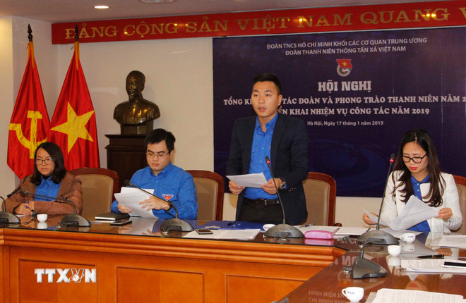 Bí thư Đoàn thanh niên TTXVN Lê Minh Đức phát biểu tại hội nghị. (Ảnh: Quang Quyết/TTXVN) Xây dựng hoạt động Đoàn mang đậm dấu ấn thanh niên Thông tấn ảnh 1