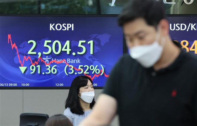 Biểu đồ chỉ số chứng khoán KOSPI tại Ngân hàng Hana ở Seoul (Hàn Quốc), ngày 13/6/2022. (Ảnh: Yonhap/TTXVN) Chứng khoán châu Á đồng loạt giảm điểm trong phiên giao dịch 26/9 ảnh 1