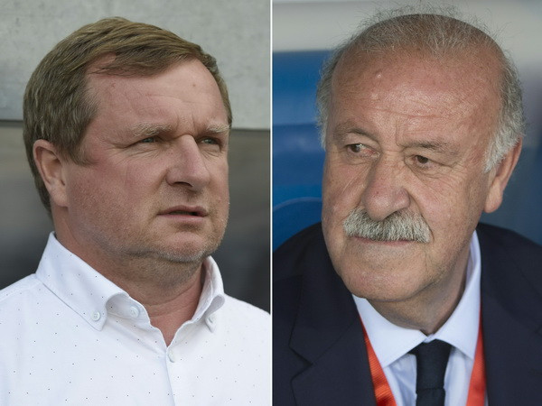 Huấn luyện viên Pavel Vrba (trái) của tuyển Séc và Vicente del Bosque của Tây Ban Nha. (Nguồn: AFP/TTXVN) "Bò tót" Tây Ban Nha sẵn sàng trận ra quân bảo vệ ngai vàng ảnh 1