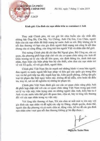 Thủ tướng chia buồn với gia đình 39 nạn nhân thiệt mạng trên container ảnh 1
