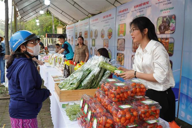 Chợ phiên nông sản an toàn với chủ đề "Sản phẩm nông nghiệp tiêu biểu và sản phẩm OCOP" do Hội Nông dân tỉnh Bắc Ninh tổ chức, ngày 19/4/2023. (Ảnh: Thanh Thương/TTXVN) Tiêu chí Điểm giới thiệu và bán sản phẩm OCOP giai đoạn 2023-2025 ảnh 1