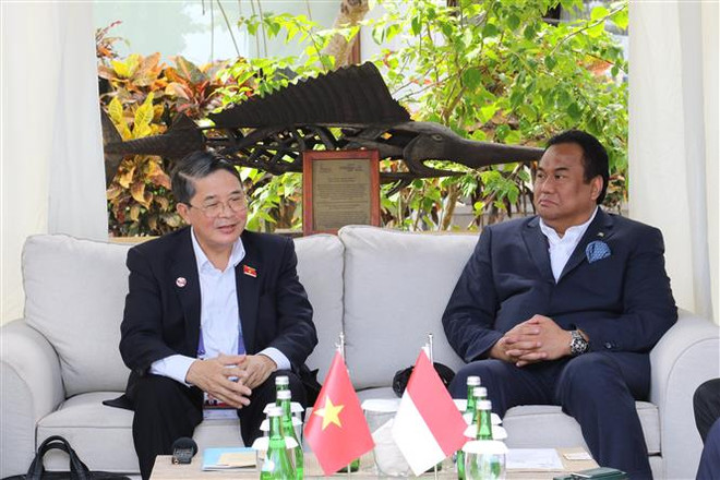 Phó Chủ tịch Quốc hội Nguyễn Đức Hải trao đổi với Phó Chủ tịch Quốc hội Indonesia Rachmad Gobel bên lề Cuộc gặp các nhà lãnh đạo ASEAN-AIPA tại Labuan Bajo (Indonesia), tháng 5/2023. (Ảnh: Đào Trang/TTXVN) "Ngoại giao cây tre": Hòa bình để phát triển là mục tiêu cao nhất ảnh 1