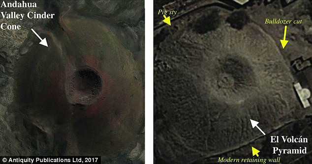 Kim tự tháp El Volcan chụp từ trên cao, thấy rõ "miệng núi lửa." (Nguồn: Antiquity) Kim tự tháp bí ẩn ở Peru khiến các nhà khảo cổ "điên đầu" ảnh 1