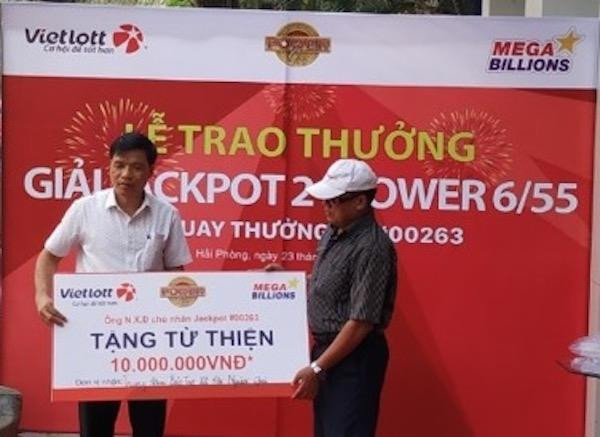 Anh N.X.Đ (đội mũ) trao quà cho Trung tâm nuôi dưỡng bảo trợ xã hội Hải Phòng. (Ảnh: CTV/Vietnam+) Một người nhận giải Jackpot hơn 3,7 tỷ đồng không đeo mặt nạ ảnh 1