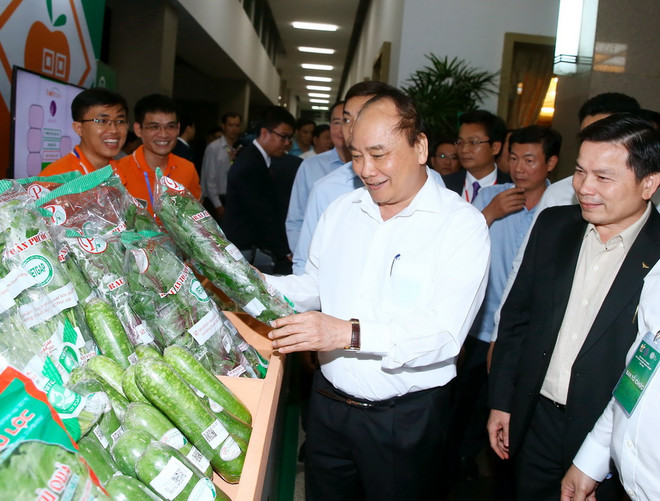 Thủ tướng Nguyễn Xuân Phúc thăm gian hàng trưng bày tại hội nghị. (Ảnh: Thống Nhất/TTXVN) Nghiên cứu gói tín dụng tới 60.000 tỷ đồng cho nông nghiệp hữu cơ ảnh 1