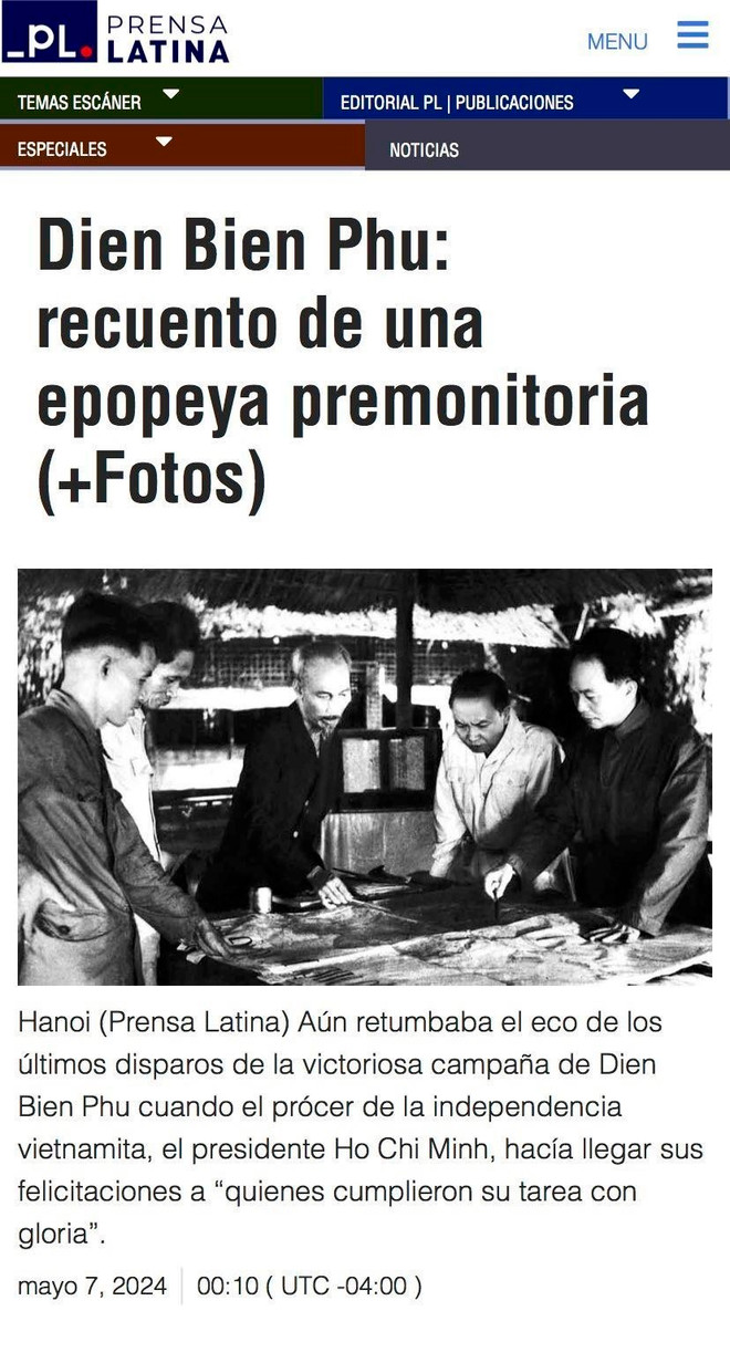 Bài viết “Điện Biên Phủ: kể lại một sử thi” được Hãng Thông tấn Mỹ Latinh Prensa Latina đăng tải ngày 7/5. (Ảnh: Mai Phương/TTXVN) dien bien phu_prensa latina.jpg