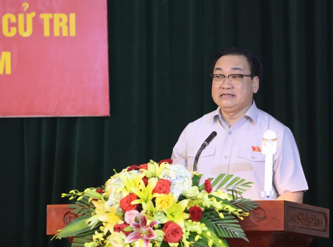 Bí thư Thành ủy, Trưởng đoàn đại biểu Quốc hội thành phố Hà Nội Hoàng Trung Hải phát biểu. (Ảnh: Văn Điệp/TTXVN) Bí thư Hà Nội: Đơn vị cấp nước phải có trách nhiệm bảo vệ nguồn nước ảnh 1