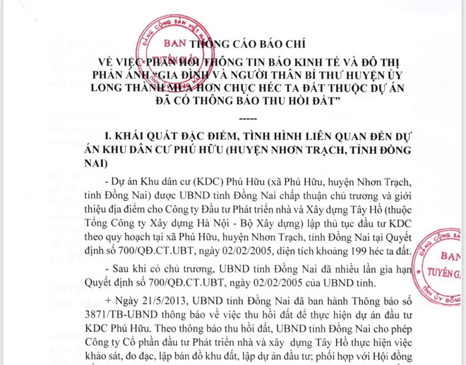 Thông tin về việc gia đình Bí thư Huyện ủy Long Thành mua đất dự án ảnh 2