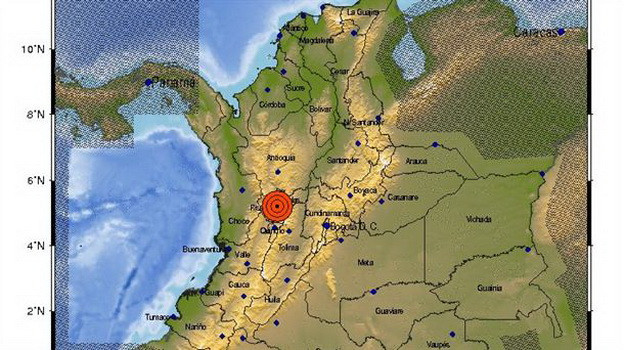 Khu vực xảy ra động đất. (Nguồn: Cơ quan địa chất Colombia) Hai trận động đất mạnh liên tiếp làm rung chuyển miền Trung Colombia ảnh 1