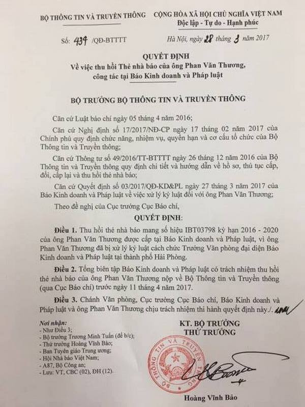 Thu thẻ nhà báo nguyên Trưởng đại diện báo Kinh doanh và Pháp luật ảnh 1