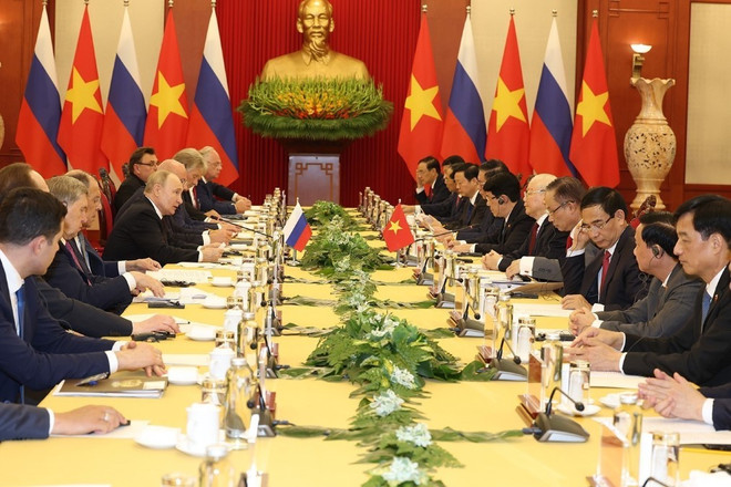 Tổng Bí thư Nguyễn Phú Trọng và Tổng thống Liên bang Nga Vladimir Putin hội đàm tại Trụ sở Trung ương Đảng, chiều 20/6/2024. (Ảnh: Trí Dũng/TTXVN) viet nam_nga 1.jpg