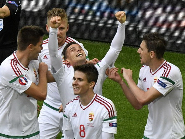 Các cầu thủ Hungary ăn mừng sau khi ghi bàn vào lưới đội tuyển Áo trong trận đấu thuộc bảng F EURO 2016. (Nguồn: AFP) EURO 2016: Chiến thắng bất ngờ nhưng xứng đáng cho Hungary ảnh 1