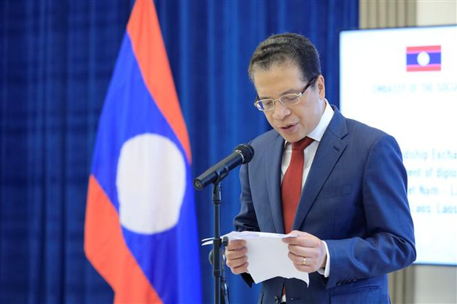 Đại sứ Đặng Minh Khôi phát biểu tại buổi lễ. (Ảnh: Trần Hiếu/TTXVN) Sâu đậm tình đoàn kết và hữu nghị Việt Nam-Lào tại Liên bang Nga ảnh 2