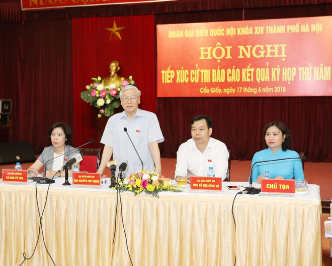 Tổng Bí thư Nguyễn Phú Trọng phát biểu tại buổi tiếp xúc cử tri quận Cầu Giấy. (Ảnh: Trí Dũng/TTXVN) Tổng Bí thư: Không có mục đích nào khác là vì nước vì dân ảnh 1