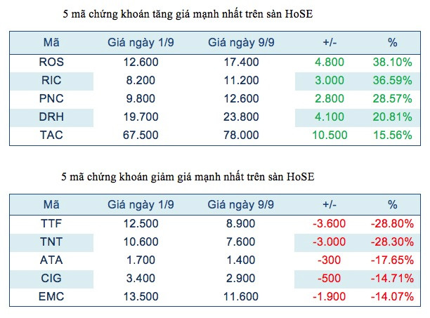Năm mã chứng khoán niêm yết tăng, giảm mạnh nhất tuần ảnh 2