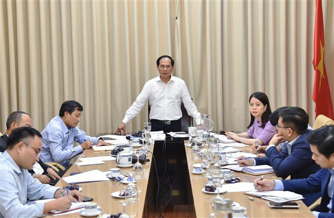 Bộ trưởng Ngoại giao Bùi Thanh Sơn chủ trì cuộc họp trực tuyến tại Hà Nội, tối 28/11/2022. (Ảnh: TTXVN) Đẩy mạnh công tác ngoại giao kinh tế phục vụ phát triển đất nước ảnh 1