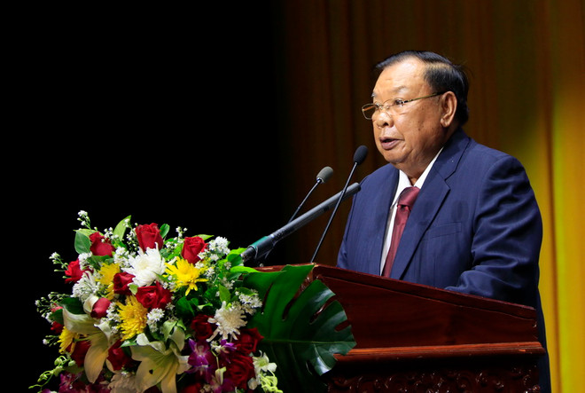 Tổng Bí thư, Chủ tịch nước Lào Bounnhang Volachith phát biểu tại buổi lễ. (Ảnh: Phạm Kiên/TTXVN) Tổng Bí thư Lào: Kiên định, phát huy quan hệ đặc biệt Lào-Việt Nam ảnh 1