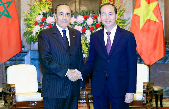 Chủ tịch nước Trần Đại Quang tiếp Chủ tịch Hạ viện Vương quốc Maroc Habib El Malki đang thăm chính thức Việt Nam. (Ảnh: Nhan Sáng/TTXVN) Chủ tịch nước Trần Đại Quang tiếp Chủ tịch Hạ viện Vương quốc Maroc ảnh 1