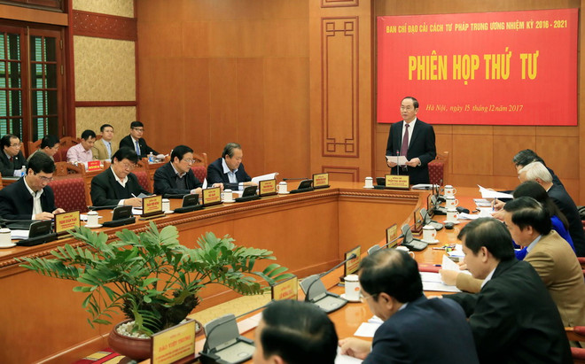Chủ tịch nước Trần Đại Quang, Trưởng Ban Chỉ đạo cải cách Tư pháp Trung ương chủ trì Phiên họp lần thứ tư Ban Chỉ đạo cải cách Tư pháp Trung ương. (Ảnh: Nhan Sáng/TTXVN) Chủ tịch nước chủ trì phiên họp thứ tư Ban Chỉ đạo Cải cách tư pháp TW ảnh 1