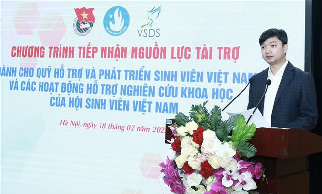 Bí thư Trung ương Đoàn, Chủ tịch Hội Sinh viên Việt Nam Nguyễn Minh Triết phát biểu tại sự kiện. (Ảnh: TTXVN) 20 tỷ đồng hỗ trợ sinh viên có hoàn cảnh khó khăn và hoạt động Hội ảnh 2