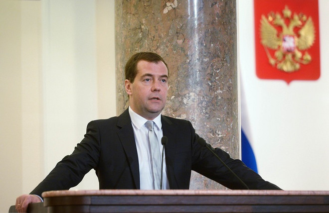 Thủ tướng Nga Dmitry Medvedev phát biểu tại cuộc họp Ủy ban mở rộng Bộ Tài chính ở Moskva ngày 15/4. (Nguồn: AFP/ TTXVN) Thủ tướng Nga đặt điều kiện đàm phán khí đốt với Ukraine ảnh 1