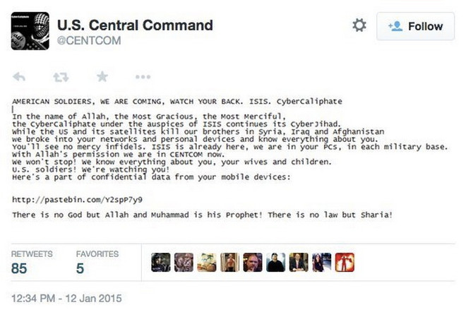 Tin tặc thân IS chiếm tài khoản Twitter của Bộ Chỉ huy Trung tâm Mỹ ảnh 1
