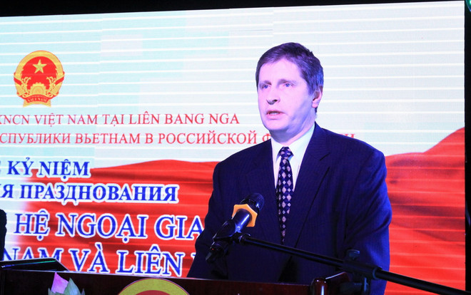 Trong ảnh: Ông Nicolai Nozdrev - Vụ trưởng Vụ châu Á 3, Bộ Ngoại giao Nga phát biểu tại buổi lễ. (Ảnh: Trần Hiếu - Pv TTXVN tại LB Nga) Họp báo kỷ niệm 70 năm quan hệ ngoại giao Việt Nam-Liên bang Nga ảnh 2