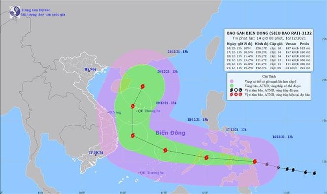 Bản đồ đường đi của siêu bão Rai trên biển Đông. (Ảnh: TTXVN) Bão Rai mạnh lên thành siêu bão, gió đạt cấp 16-giật trên cấp 17 ảnh 2