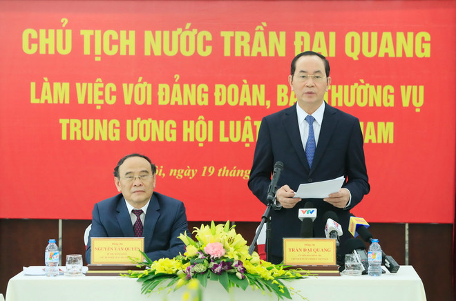 Chủ tịch nước Trần Đại Quang phát biểu kết luận buổi làm việc. (Ảnh: Nhan Sáng/TTXVN) Chủ tịch nước: Hội Luật gia cần tích cực tham gia cải cách tư pháp ảnh 1