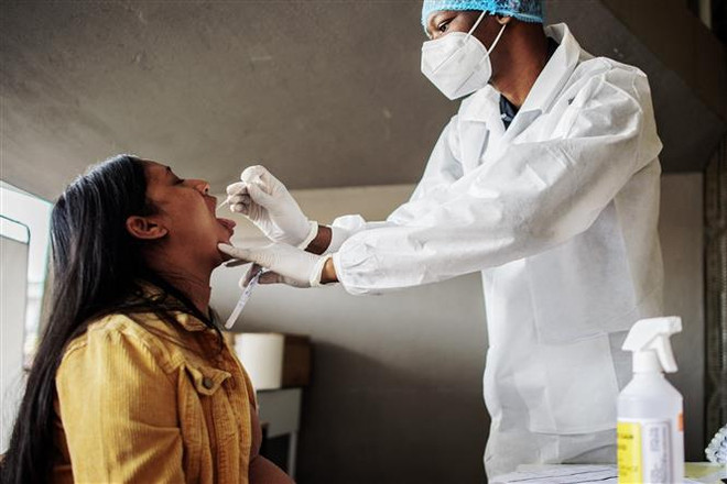 Nhân viên y tế lấy mẫu xét nghiệm COVID-19 cho người dân tại Richmond, Johannesburg (Nam Phi). (Ảnh: AFP/TTXVN) Hai biến thể phụ của Omicron làm tăng số ca nhiễm COVID-19 ở Nam Phi ảnh 1
