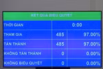 Nghị quyết bầu Phó Chủ tịch nước được Quốc hội thông qua với 485/485 đại biểu tham gia biểu quyết tán thành. (Ảnh: PV/Vietnam+)