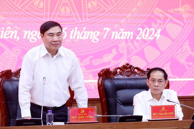 Bí thư Tỉnh ủy Điện Biên Trần Quốc Cường phát biểu tại buổi làm việc. (Ảnh: Trung Kiên/TTXVN) ttxvn_bo_truong_bo_ngoai_giao_bui_thanh_son_lam_viec_voi_ban_thuong_vu_tinh_uy_dien_bien_2.jpg