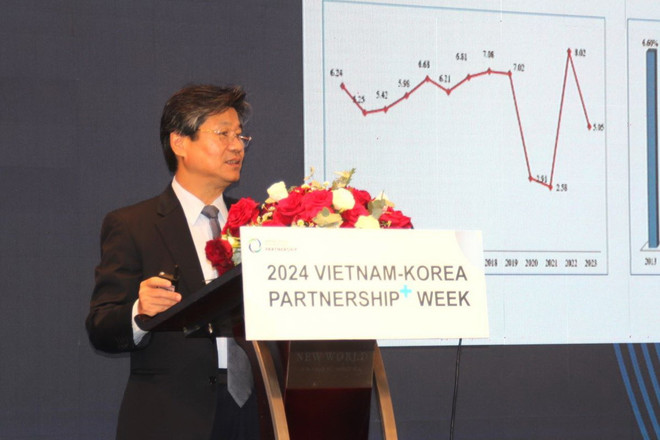 Ông Đỗ Nhất Hoàng, Cục trưởng Cục Đầu tư nước ngoài tại Việt Nam phát biểu Diễn đàn hợp tác Việt-Hàn trong các lĩnh vực triển vọng tương lai, trong sự kiện. (Ảnh: Mỹ Phương/TTXVN) ttxvn_tuan_le_quan_he_doi_tac_tang_cuong_viet_-_han_2024_tai_tp_ho_chi_minh_2.jpg