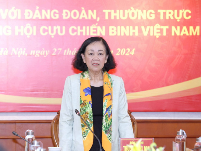 Bà Trương Thị Mai, Ủy viên Bộ Chính trị, Thường trực Ban Bí thư, Trưởng Ban Tổ chức Trung ương phát biểu chỉ đạo. (Ảnh: Phương Hoa/TTXVN) Hoi cuu chien binh3.jpg