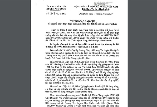 Phú Quốc: Thông tin việc cưỡng chế thu hồi đất đối với bà Lưu Thị Lúa ảnh 1
