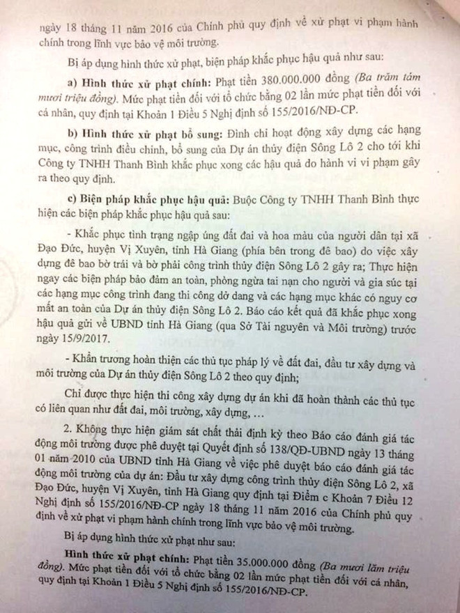 Thủy điện Sông Lô 2 bị phạt 415 triệu đồng vì thi công "vượt đèn đỏ" ảnh 3