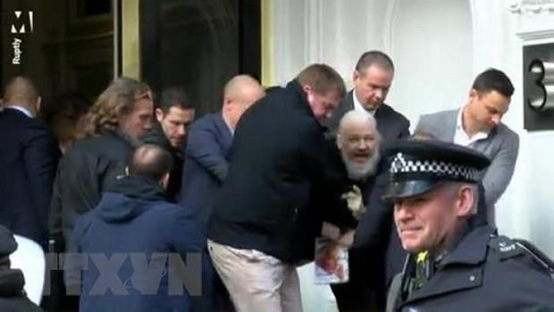 Nhà sáng lập WikiLeaks Julian Assange bị cảnh sát bắt giữ và áp giải khỏi Đại sứ quán Ecuador ở London ngày 11/4. (Ảnh: Rupity/TTXVN) Bộ Nội vụ Anh chấp thuận yêu cầu dẫn độ nhà sáng lập WikiLeaks sang Mỹ ảnh 1