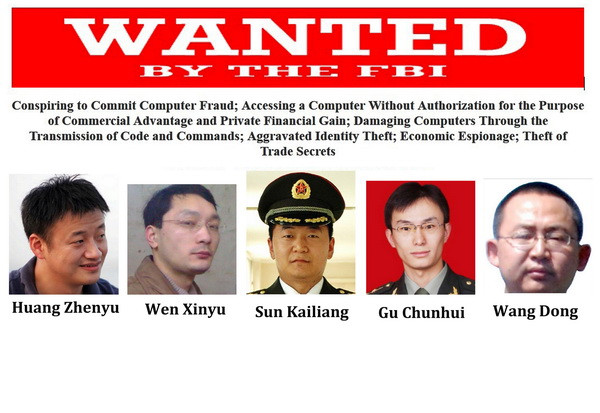Năm quan chức quân đội Trung Quốc bị Mỹ cáo buộc làm gián điệp (Nguồn: AFP/TTXVN) Mỹ-Trung leo thang căng thẳng vì cáo buộc do thám mạng ảnh 1