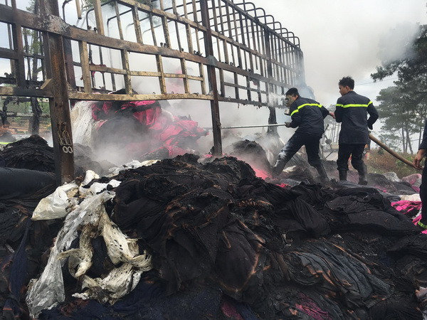 Xe chở vải bất ngờ bốc cháy dữ dội trên đường Hồ Chí Minh ảnh 1