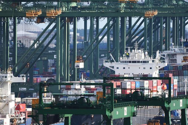 Bốc dỡ container hàng hóa tại cảng Pasir Panjang ở Singapore ngày 17/8/2020. (Ảnh: THX/TTXVN) Báo Singapore: RCEP là tâm điểm của Hội nghị Cấp cao ASEAN 37 ảnh 1