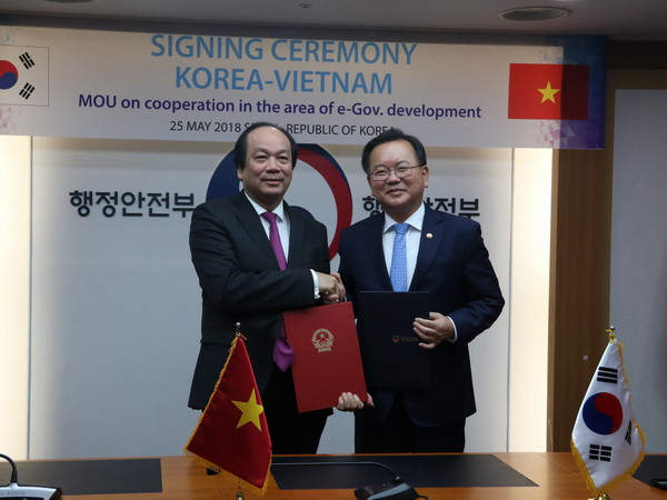 Bộ trưởng Mai Tiến Dũng gặp, trao đổi và ký bản ghi nhớ (MoU) với Bộ trưởng Bộ An ninh và Nội vụ Hàn Quốc Kim Boo Kyum về hợp tác xây dựng Chính phủ điện tử ở Việt Nam. (Ảnh: Hùng-Tuyên-Phương/TTXVN) Việt Nam tìm hiểu mô hình Chính phủ điện tử của Hàn Quốc ảnh 1