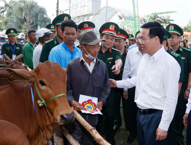 Chủ tịch nước Võ Văn Thưởng tặng bò cho hộ nghèo của chương trình "Xuân biên phòng ấm lòng dân bản". (Ảnh: Thống Nhất/TTXVN) ttxvn-xuan-bien-phong-8-9430.jpg