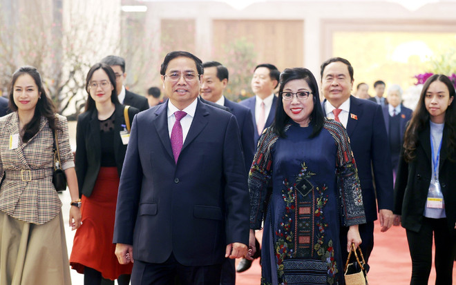 Thủ tướng Phạm Minh Chính và Phu nhân chủ trì chiêu đãi đoàn ngoại giao nhân dịp Tết Quý Mão 2023. (Ảnh: Dương Giang/TTXVN) Thủ tướng và Phu nhân chiêu đãi đoàn ngoại giao nhân dịp Tết cổ truyền ảnh 2