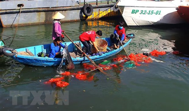 Thu gom rác thải nhựa trên mặt biển vùng khu vực cảng Quy Nhơn, tỉnh Bình Định. (Ảnh: Nguyên Linh/TTXVN) Phát động cuộc thi sản xuất video, clip "Vì một Việt Nam xanh" ảnh 1