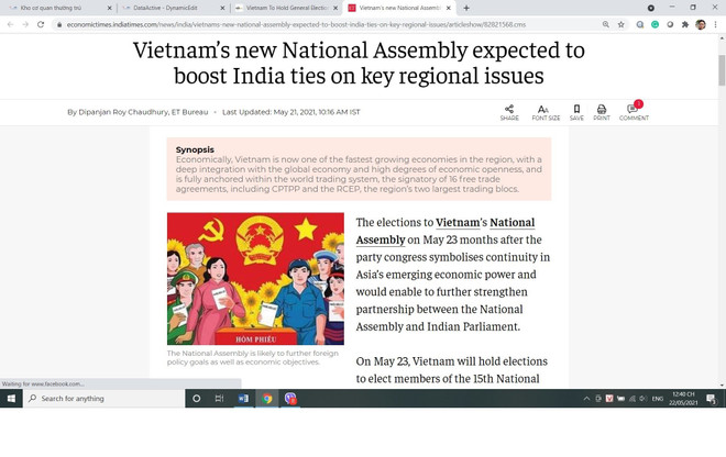 Bài viết đăng trên mạng Economic Times của nhà báo kỳ cựu Dipanjan Roy Chaudhury về bầu cử Quốc hội ở Việt Nam. (Ảnh: Huy Lê/TTXVN) Truyền thông Ấn Độ đánh giá cao công tác chuẩn bị bầu cử của Việt Nam ảnh 1