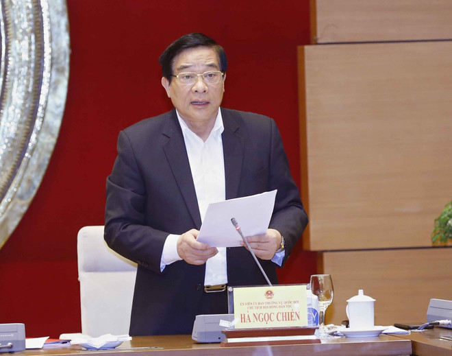 Chủ tịch Hội đồng Dân tộc của Quốc hội Hà Ngọc Chiến phát biểu. (Ảnh: Doãn Tấn/TTXVN) Hội đồng Dân tộc đóng góp lớn vào ban hành chính sách vùng dân tộc ảnh 2